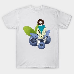 A Little Girl Sitting on Giant Colorful Fruits T-Shirt
